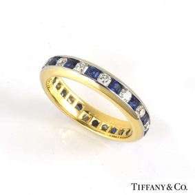 Tiffany & Co. 18k Yellow Gold Lucida Diamond & Sapphire Eternity Ring